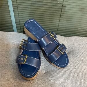 J. Crew Blue Leather Sandals with Gold Buckles